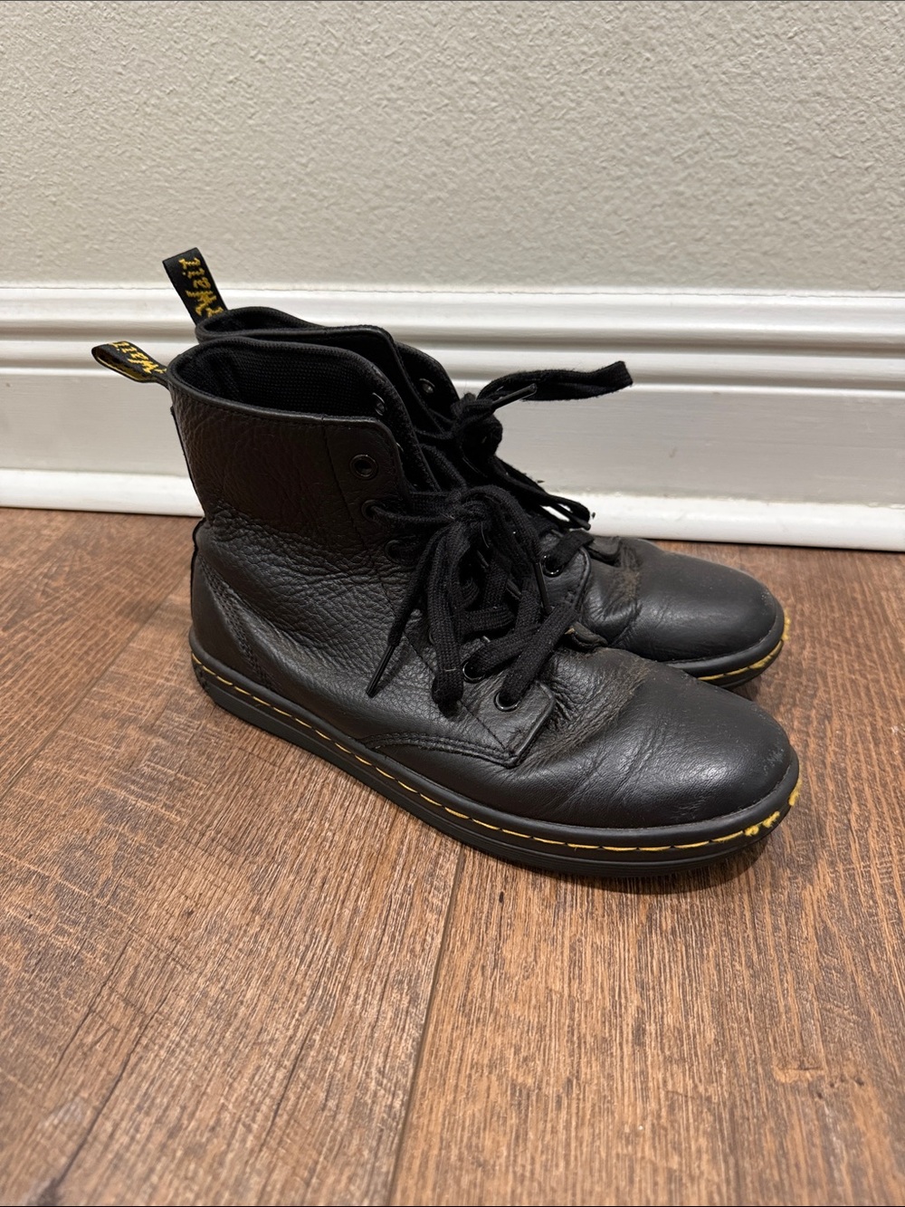 Dr. Martens Leyton Black Leather Lace-Up Boots with Yellow Stitching